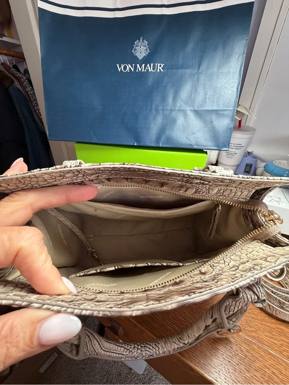 Brahmin Taupe Croc-Embossed Leather Satchel with Gold Hardware